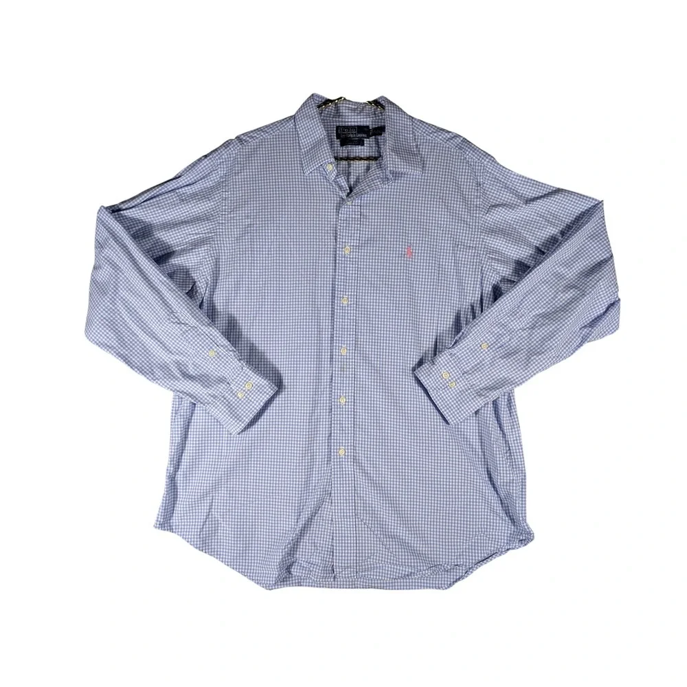 Polo Ralph Lauren Men's XL 17.5 Gingham Button Down Shirt Blue White Classic Fit